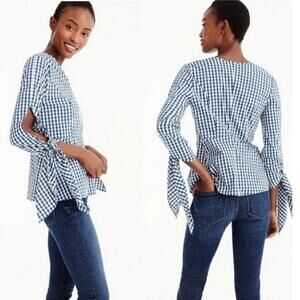 Universal Standard for J. Crew Blue & White Gingham Poplin Tie Sleeve Top